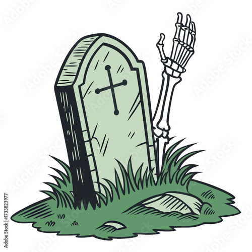Skeletal hand rising from graveyard grass beside tombstone