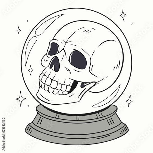 Skull inside a crystal ball with stars fortune telling