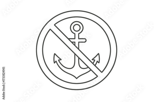 No anchoring sign. Simple line icon of a prohibited anchor. Vector illustration for marine and nautical warnings. Forbidden to drop anchor symbol for boats and ships.