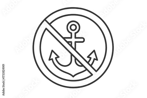 No anchoring sign vector line icon. Prohibited anchor symbol for maritime rules. Simple outline illustration. Do not moor or drop anchor. Nautical warning pictogram element.