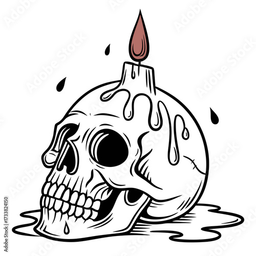 Skull with melting candle and dripping wax human skull