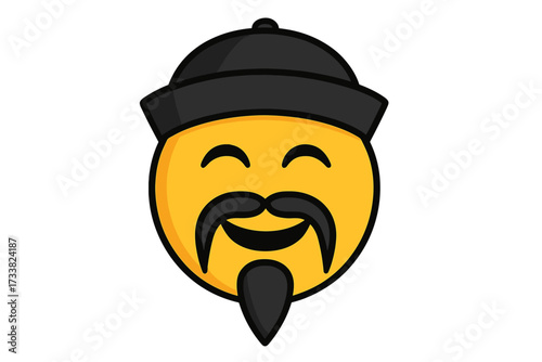Vector emoticon Chinese man. Happy Asian smiley face character with traditional hat, mustache and beard. Cartoon avatar illustration for China culture or oriental concepts.