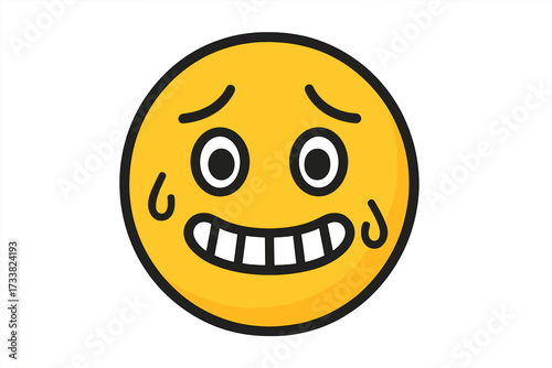 Awkward nervous emoticon with an embarrassed smile. Grimacing face emoji. Uncomfortable yellow smiley icon for social media. Anxiety, stress and fear vector illustration.