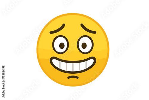 Awkward nervous emoji with embarrassed smile. Vector emoticon grimacing face. Uncomfortable, tense and anxious character icon. Yellow smiley showing social anxiety.