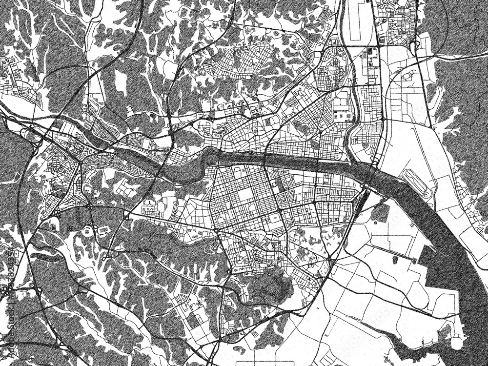 Fototapeta premium Black and white map poster of Ulsan, Republic of Korea, illustrated in hand-drawn style.
