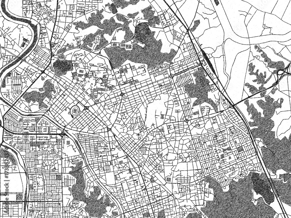 Fototapeta premium Decorative black and white map of Wanju, Republic of Korea, rendered in sketch-like style.