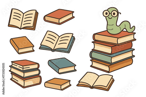 Book lover set with cute bookworm character. Collection of cartoon books, stack of books, open textbook for education. Hand drawn flat vector for library, learning, reading.