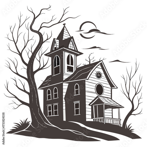 Spooky abandoned house with bare trees and moon haunted