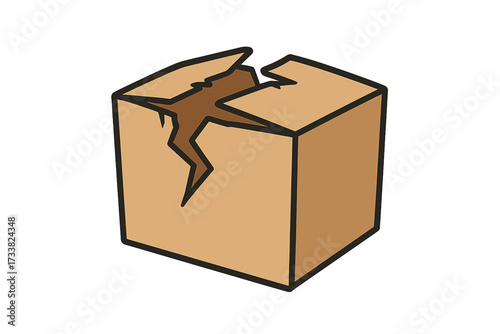 Broken box vector icon. Damaged delivery package. Concept of fragile cargo, shipping problems, insurance claims. Vector cartoon illustration of a cracked cardboard parcel.