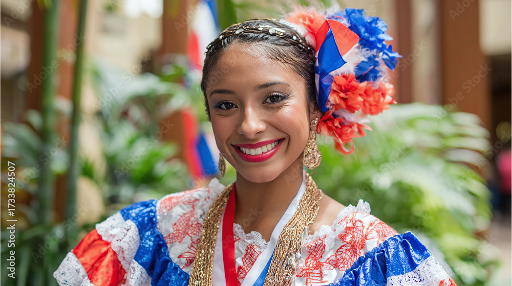 Fototapeta premium Smiling young woman in traditional attire, vibrant and joyful, representing cultural heritage. A celebration of tradition through a beautiful portrait.