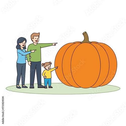 Family excitedly selects a giant orange pumpkin at the patch for autumn fun 