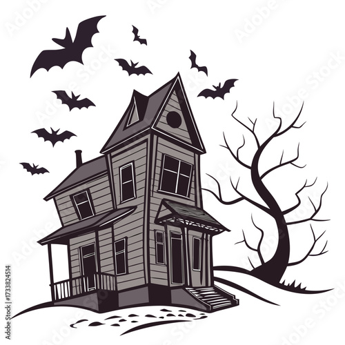 Spooky haunted house with bats and bare tree Halloween 2