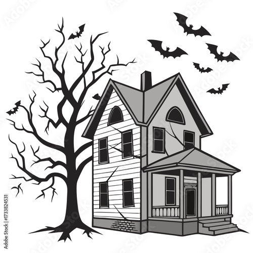 Spooky haunted house with bats and bare tree Halloween 5