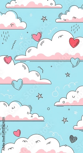 Cute Cloud Background with Hearts.
