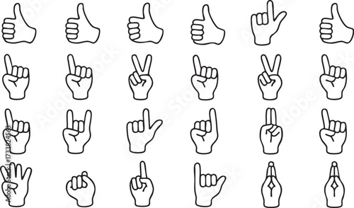 Hand gesture vector icons with thumbs up, pointing fingers, and signs