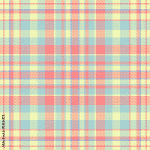 Pastel plaid pattern in blue, yellow, and coral. Versatile for backgrounds, textiles, and designs. Evokes warmth, comfort, and a classic aesthetic. Use for fashion or crafts.