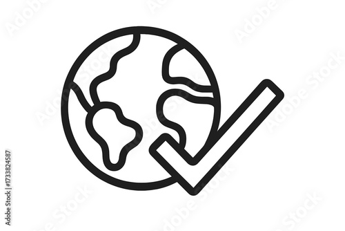 Global success and verification icon. Planet earth with checkmark for eco friendly solutions. Approved world standard, international validation and global connection concept.