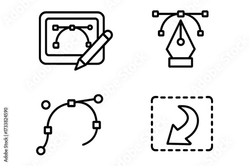 Vector line icons set for graphic design. Pen tool, bezier curve, anchor points, and path editing symbols. UI elements for software. Digital drawing and illustration tools.