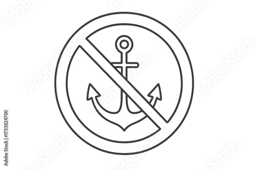 No anchoring prohibition sign vector icon. Forbidden anchor symbol. Nautical warning for no mooring or stopping boats. Marine and maritime safety regulation illustration.