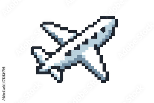 Pixel art aeroplane icon. Retro 8-bit video game flight symbol. Simple vector cartoon aircraft for travel and aviation transport concepts. Digital graphic jet illustration sign.
