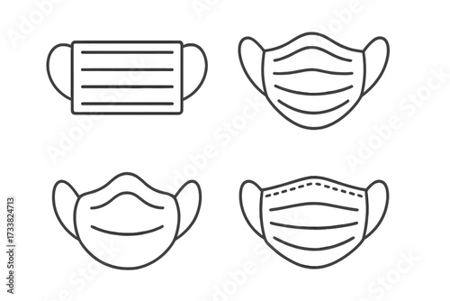 Medical face mask icon set. Outline signs collection. Thin line art for surgical, respiratory safety. Virus, pandemic, COVID-19 protection concept. Vector illustration.