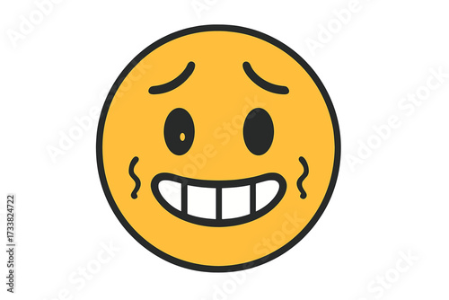 Awkward nervous emoticon with an embarrassed grimace. Cringe emoji showing teeth. Uncomfortable smiley face icon. Anxious yellow character vector illustration. Feeling tense.