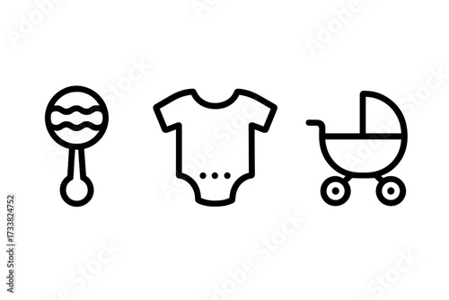 Baby essentials icon set with rattle, onesie, and stroller. Minimalist line art vector for newborn, infant care, and parenting. Simple outline symbols for a baby shower.
