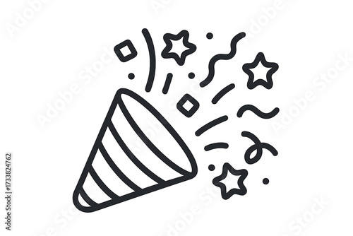 Party popper icon with confetti explosion. Linear vector symbol for celebration, success, surprise. For birthday, New Year, carnival, anniversary. Festive firecracker design.