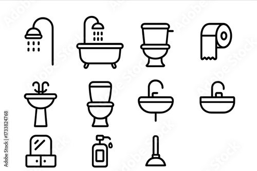 Bathroom and toilet line icon set. Modern thin outline style symbols. Vector graphic elements for web, app, UI, UX. Shower, bath, sink, wc, soap, plunger pictogram.