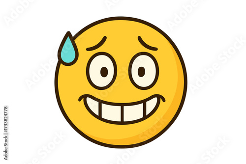 Awkward nervous emoticon with an embarrassed smile and sweat drop. Vector emoji of a grimacing face. Concept of anxiety, stress, worry, social discomfort, mistake, oops.