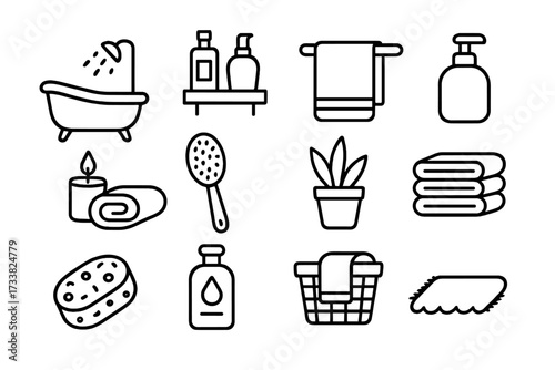 Bathroom outline icon set for hygiene and spa concepts. Vector collection of linear symbols: bathtub, shower, soap, shampoo, towel, sponge, candle. Self-care relaxation.
