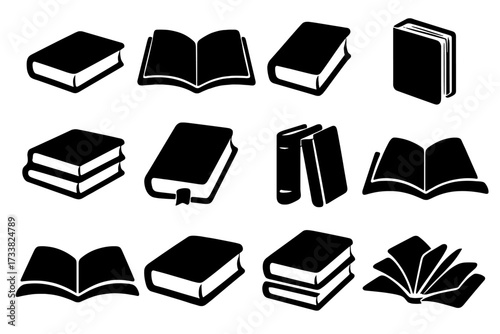 Book icon set. Black silhouette vector symbols of books for education, library, and reading concepts. Open and closed book illustrations. Knowledge, study, literature icons.