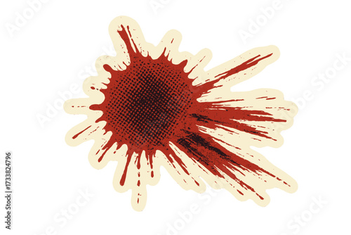 Blood stain splatter sticker. Halftone dot texture with smudges. Vintage 90s zine paper collage element. Vector illustration for Halloween, horror, crime scene, murder concept.