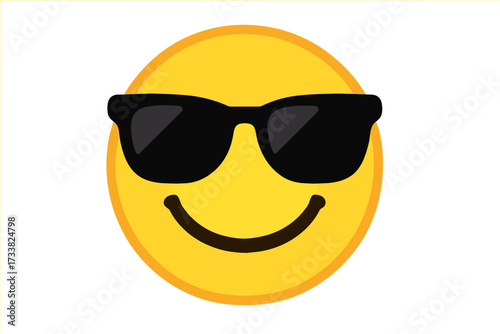 Cool emoticon with sunglasses vector illustration. Smiling happy face emoji icon for summer. Yellow smiley character design. Positive emotion symbol for social media chat.