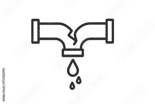 Broken pipe icon. Water leak. Burst pipeline. Plumbing problem. Water damage concept. Cracked pipe. Dripping water. Leakage. Emergency repair. Drainage accident symbol.