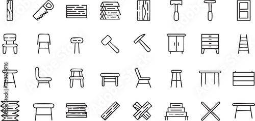 Furniture design and carpentry tool vector illustration set with stools and wood