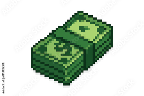 Pixel art money stack. 8-bit retro video game asset. Green cash bundle icon. Vector illustration of dollar banknotes. Concept for finance, wealth, savings, payment, currency.