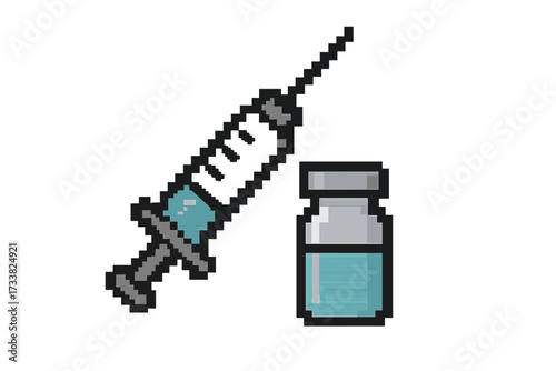 Pixel art syringe and vaccine vial icon. 8-bit retro video game style medical vector illustration. Concept for vaccination, immunization, healthcare, medicine, injection.