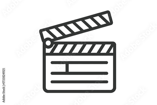 Clapper board linear icon. Movie production symbol. Film slate for video. Cinematography equipment sign. Filmmaking concept. Hollywood studio element. Director action take.