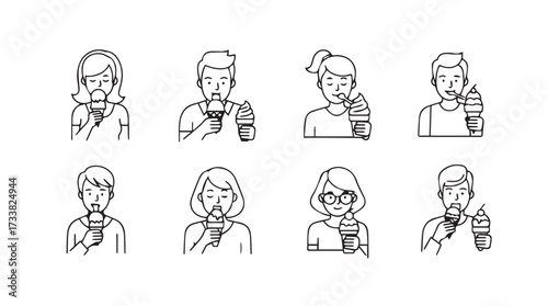 Sketch collection of diverse people enjoying refreshing ice cream cones and drinks vector