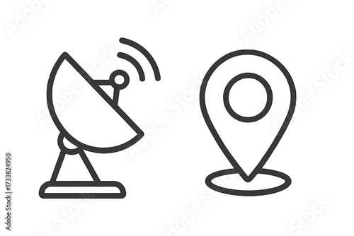 Dish antenna and location sign icon set. Linear vector illustration. For concepts of GPS tracking, satellite signal, communication, broadcast, navigation, data transmission, radar.