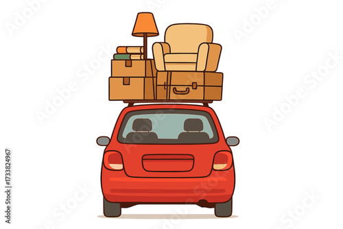 Moving day concept. Red car packed with furniture, luggage, and boxes for relocation. Vehicle from behind with stuff on the roof rack. New home, travel, road trip adventure.