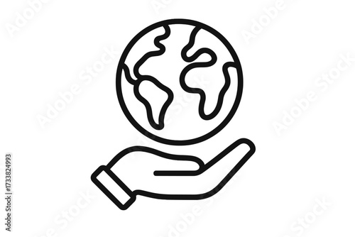 Hand holding planet Earth. Globe in human palm. Outline icon concept of environment, ecology, conservation, sustainability, global care, support. Save the world vector logo.