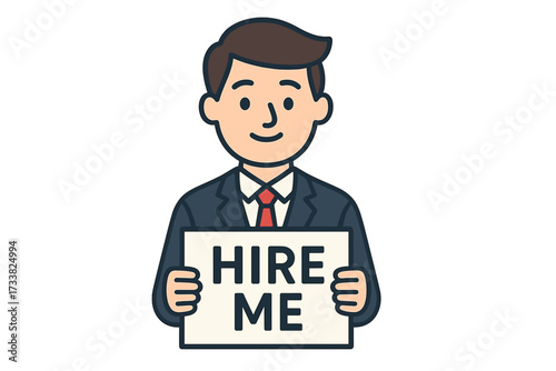 Job search concept. Unemployed man holding hire me sign. Businessman character looking for a job. Recruitment, hiring, career opportunity. Unemployed person seeking work. Vacancy.