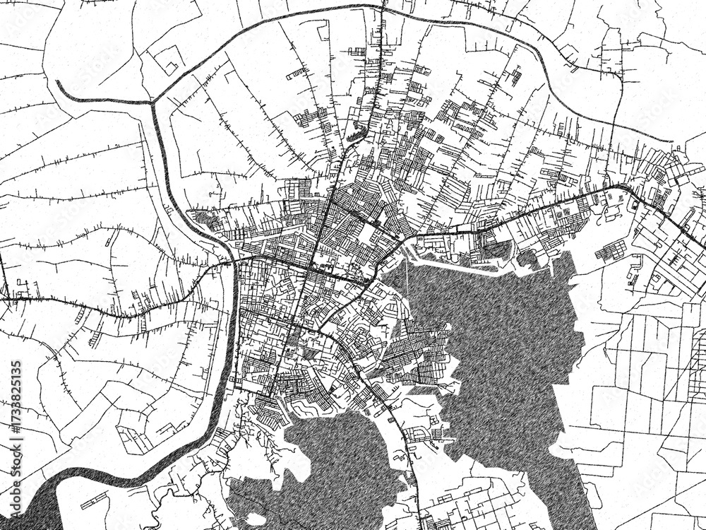 Obraz premium Illustrated city map of Batu Pahat, Malaysia, in black and white, showing roads and textures.