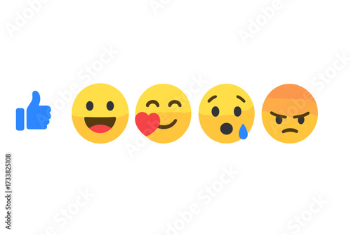 Facebook reactions emoji set. Vector social media icons. Like, love, haha, sad, angry button collection. Web interface element for feedback. Emotion symbol illustration.