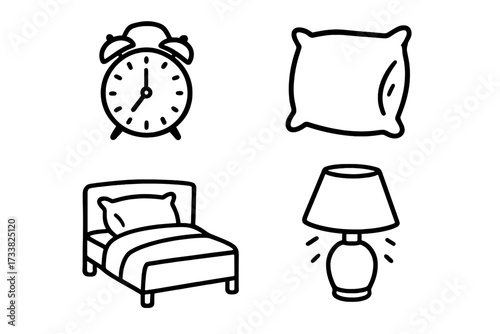 Bedroom icon set for sleep and morning routine. Vector line art illustration of bed, pillow, alarm clock, and lamp. Bedtime and wake up concept. Home furniture symbols.