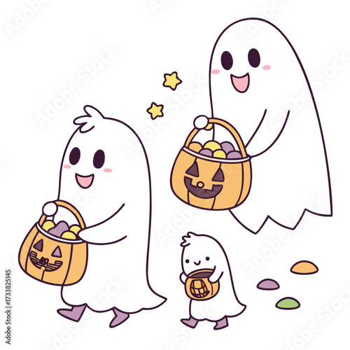 Three cute ghosts trick or treating with candy baskets