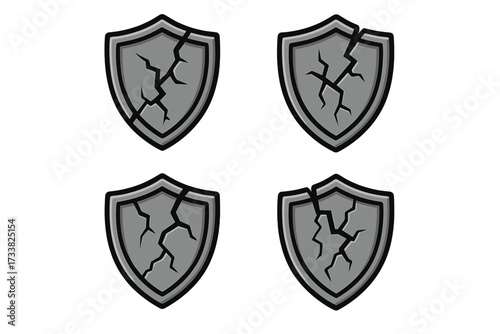 Cracked shield vector icon set. Broken defense symbol for game interface. Metaphor for vulnerability, security breach, damage and failure. Destroyed stone armor logo.