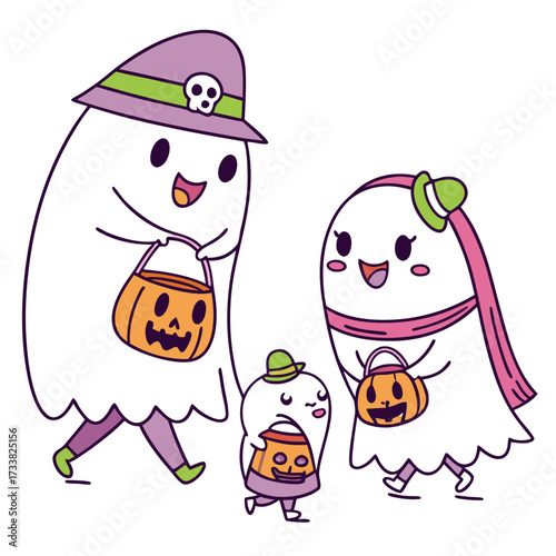 Three cute ghosts trick or treating with pumpkin buckets